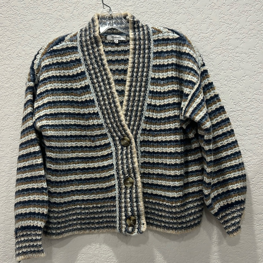 Womens Madewell xs button cardigan sweater. V neck. Blue, cream, brown